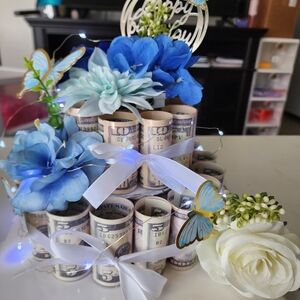 Floral Money Cake with Blue and White Flowers